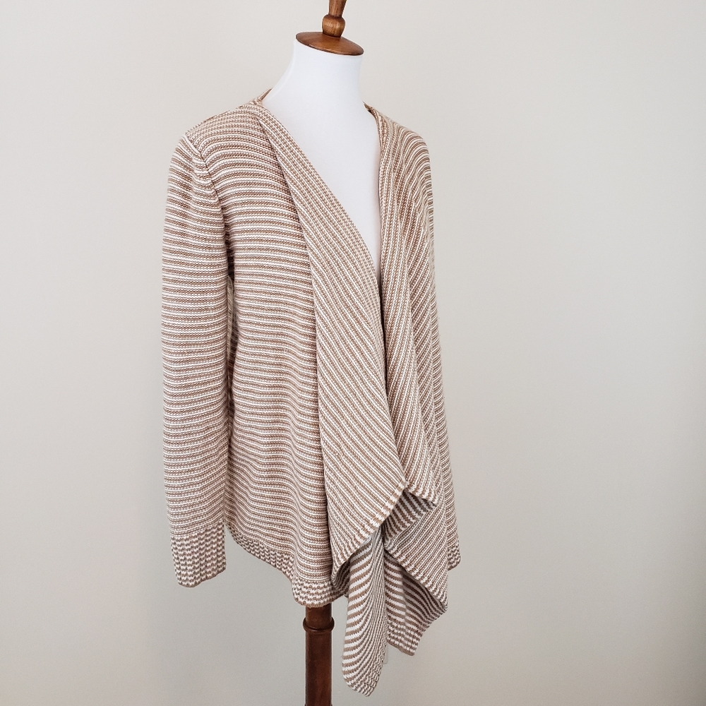 Tan White Beige Striped Open Cardigan Chunky Knit Waterfall Drape Small